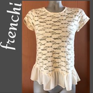 frenchi cream stretchy lace top w/ chiffon hem S